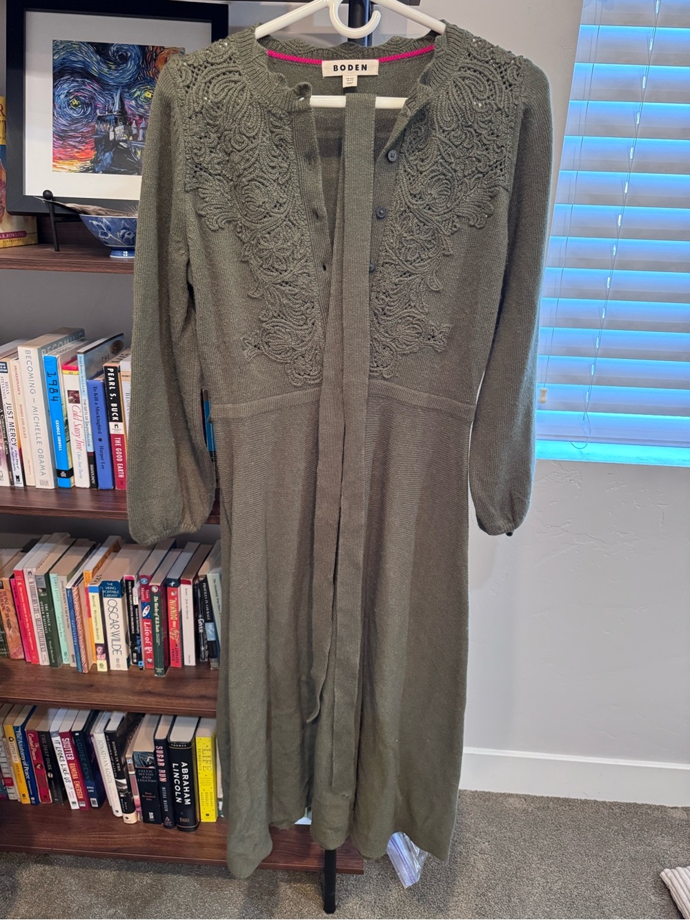 Boden Olive Knit Long-Sleeve Midi Dress with Tie Waist - Picture 4 of 5